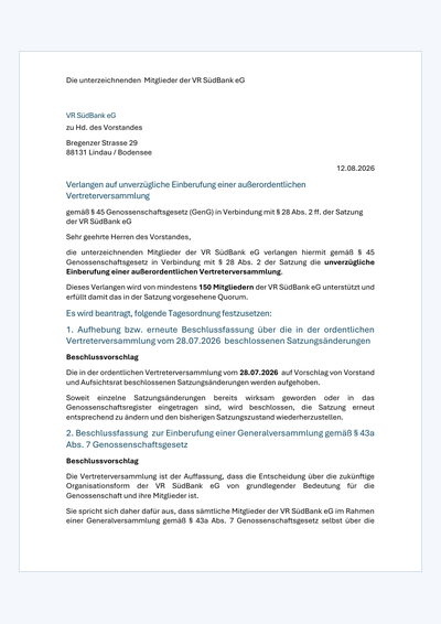 Erste Seite des Einberufungsverlangens